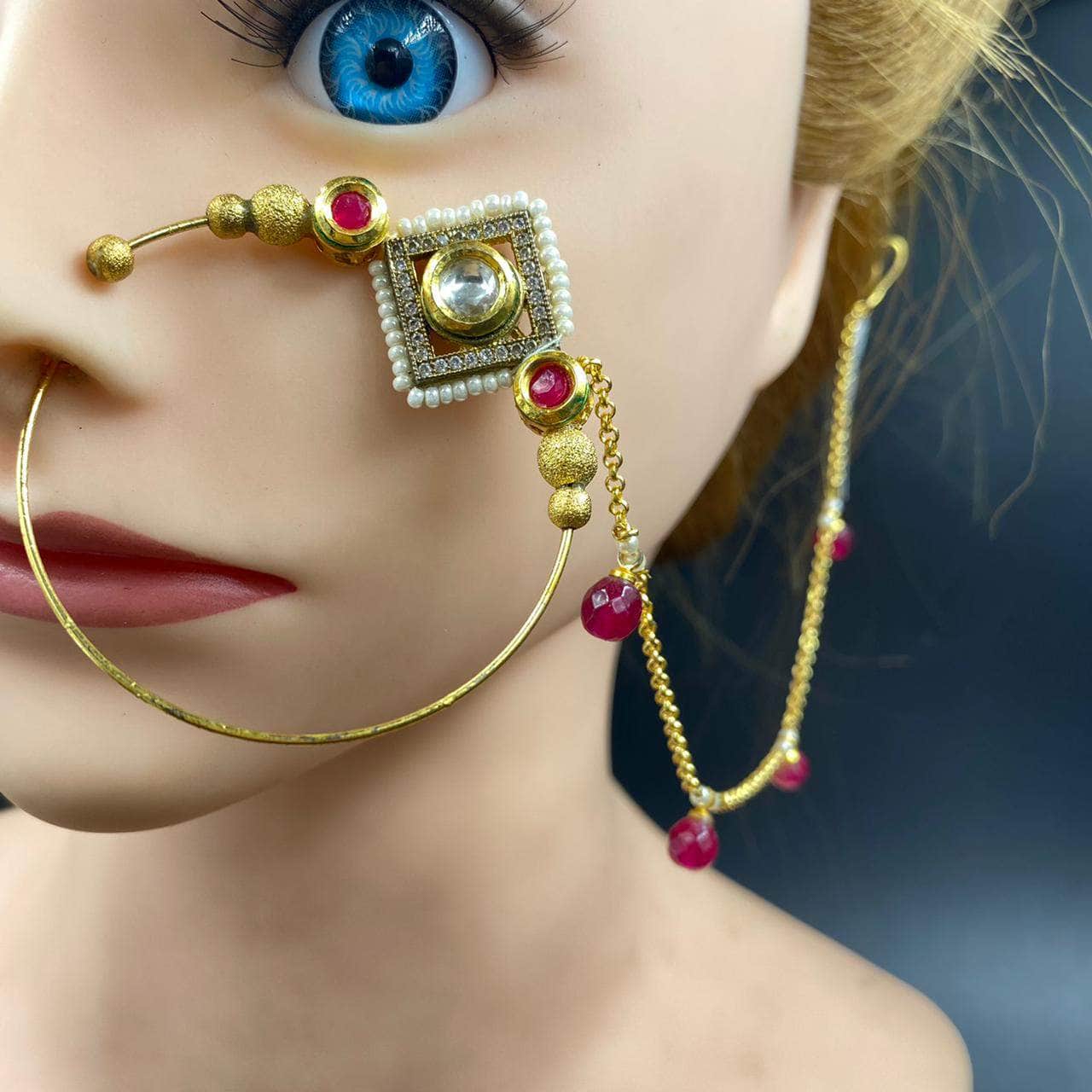 Zevar Nath Gold-Plated & White Kundan-Studded Red Pearl Beaded Chained Bridal Nose Pin By Zevar