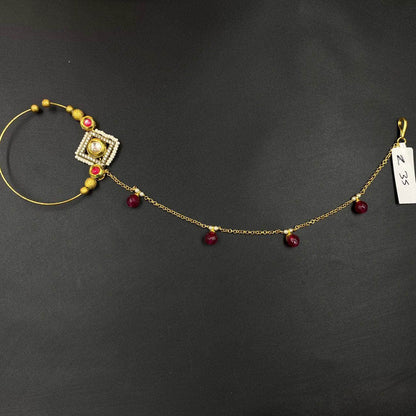 Zevar Nath Gold-Plated & White Kundan-Studded Red Pearl Beaded Chained Bridal Nose Pin By Zevar