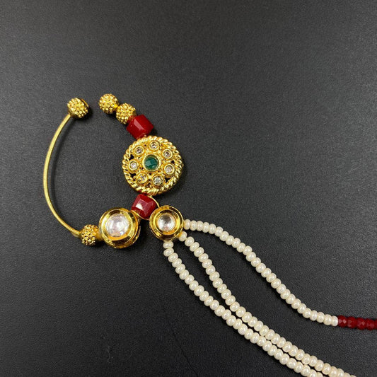 Zevar Nath Gold-Plated & White Kundan-Studded Red Pearl Chained Bridal Nose Pin By Zevar