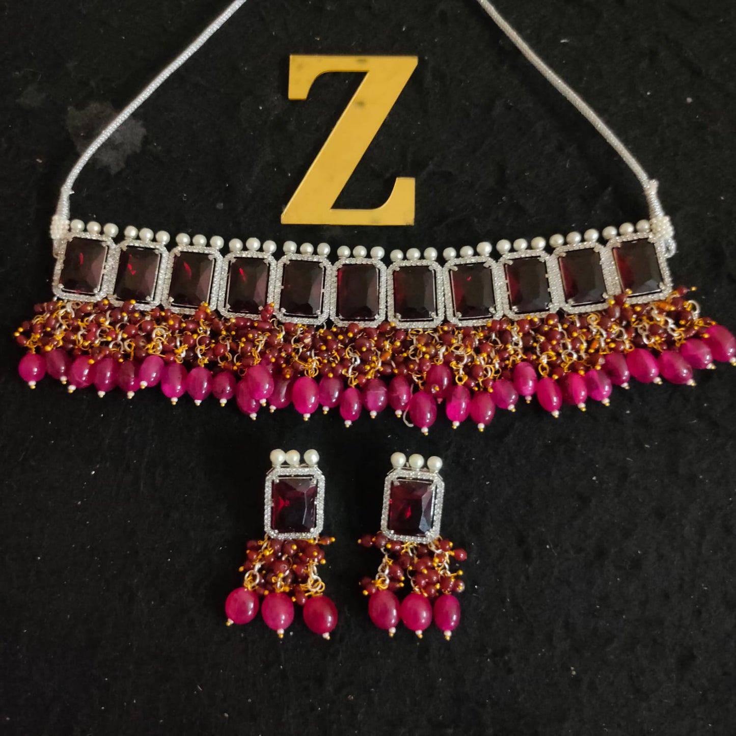 Zevar necklace ad American Diamond Stone Necklace Set By Zevar