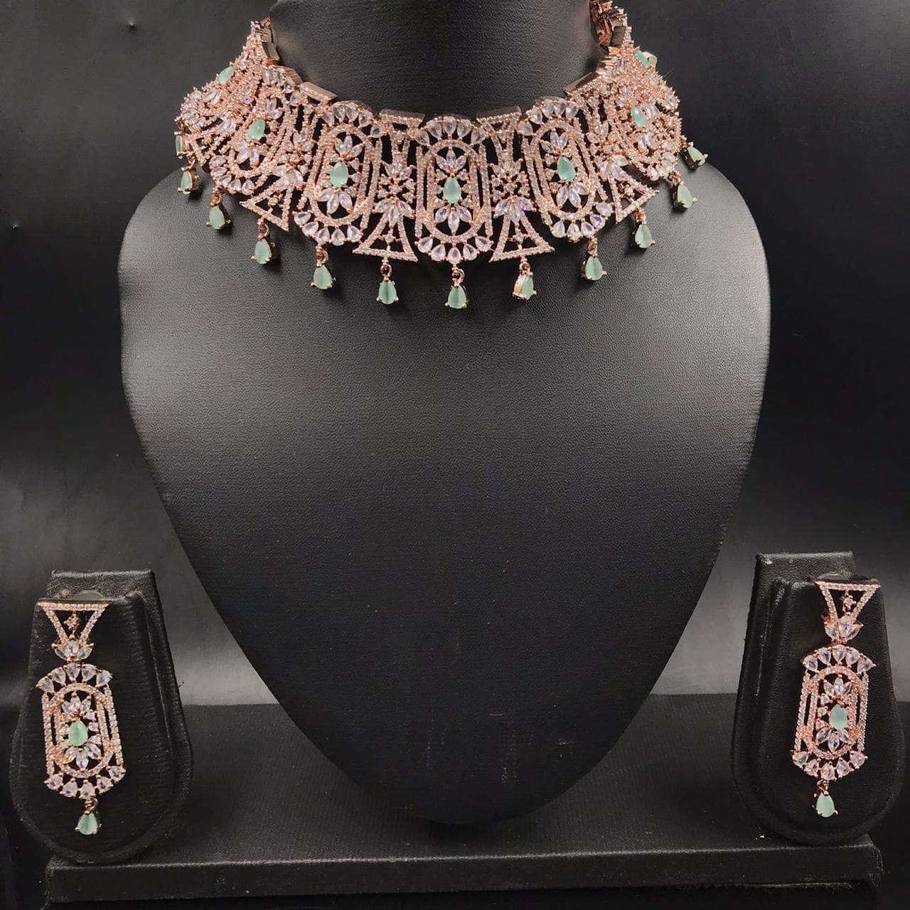 Zevar necklace ad Rose Gold AD Choker Green Stone Jewellery By Zevar