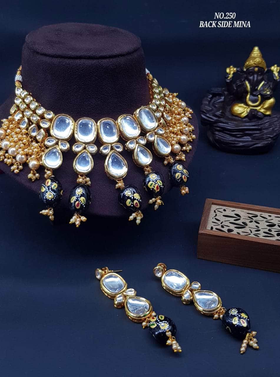 Zevar Necklace Black Kundan Pearls & Beads Choker By Zevar