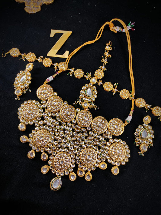 Zevar Necklace Gold Pleted Choker Necklace With Mangtikka, Earrings By Zevar