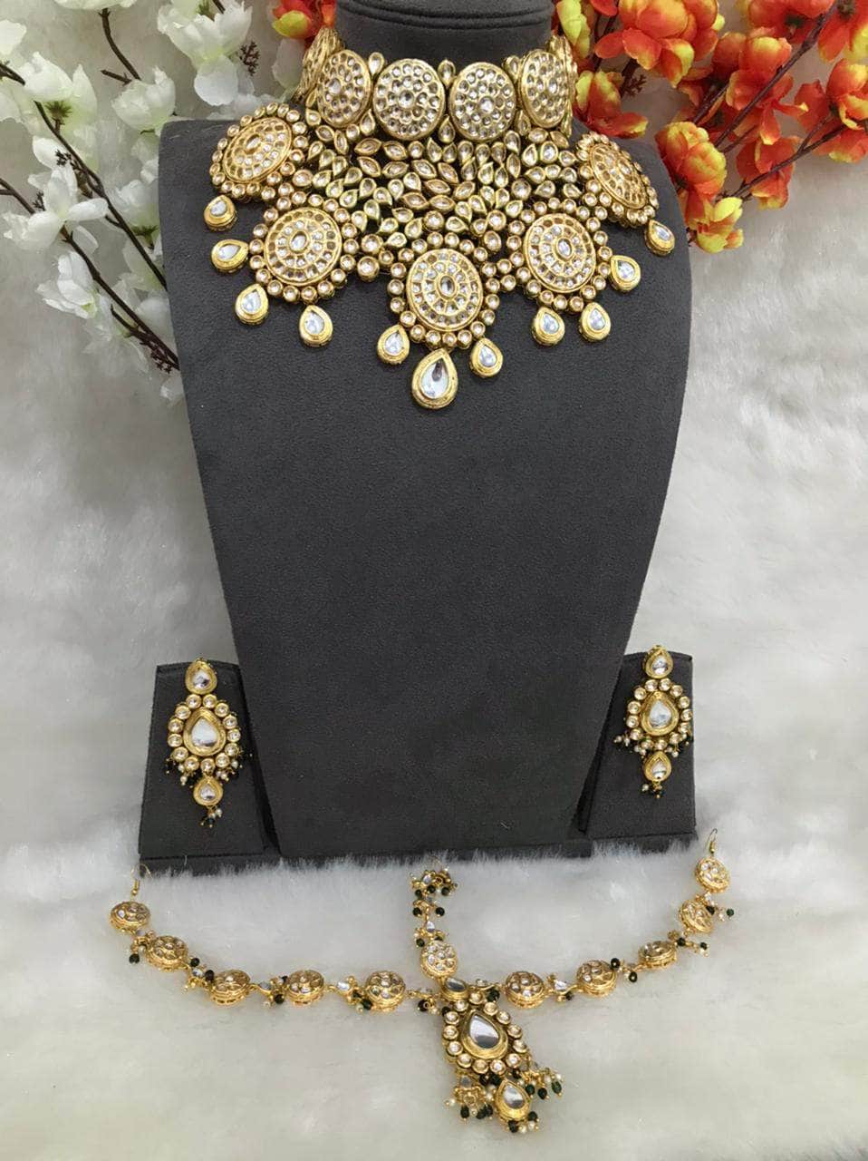 Zevar Necklace Gold Pleted Choker Necklace With Mangtikka, Earrings By Zevar