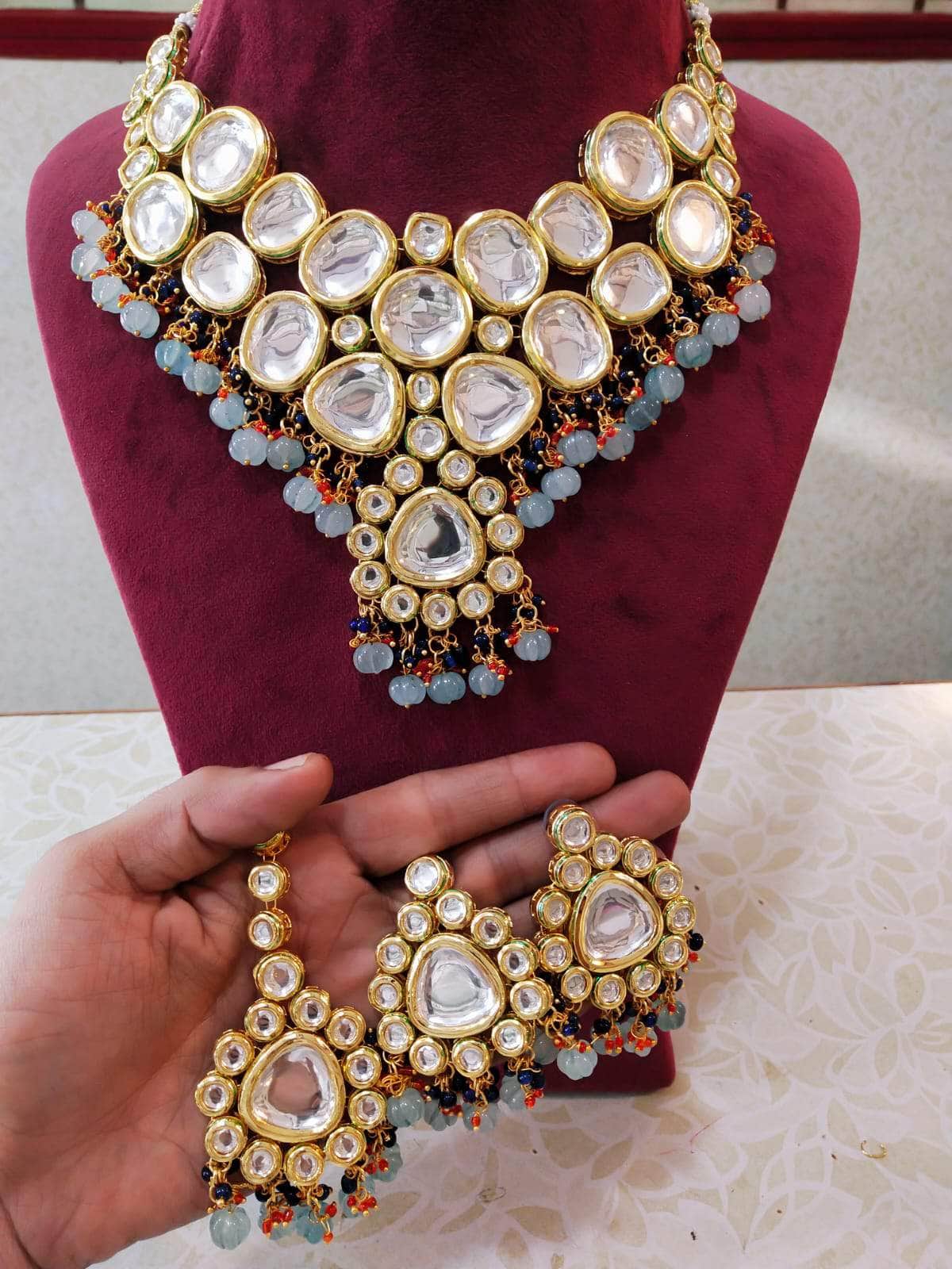 Zevar Necklace Gold Tone Kundan Necklace, Earrings With Mangtika by Zevar