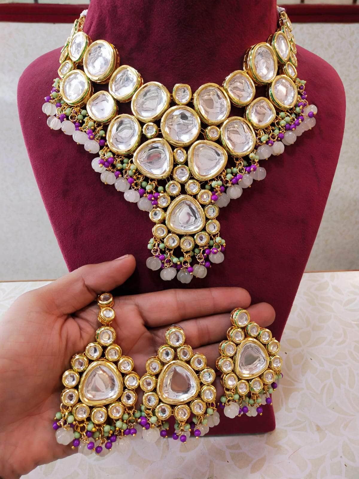 Zevar Necklace Gold Tone Kundan Necklace, Earrings With Mangtika by Zevar