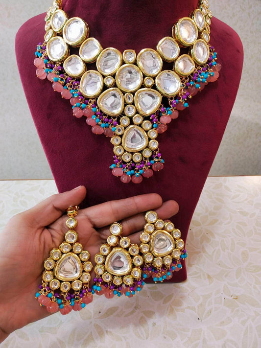 Zevar Necklace Gold Tone Kundan Necklace, Earrings With Mangtika by Zevar