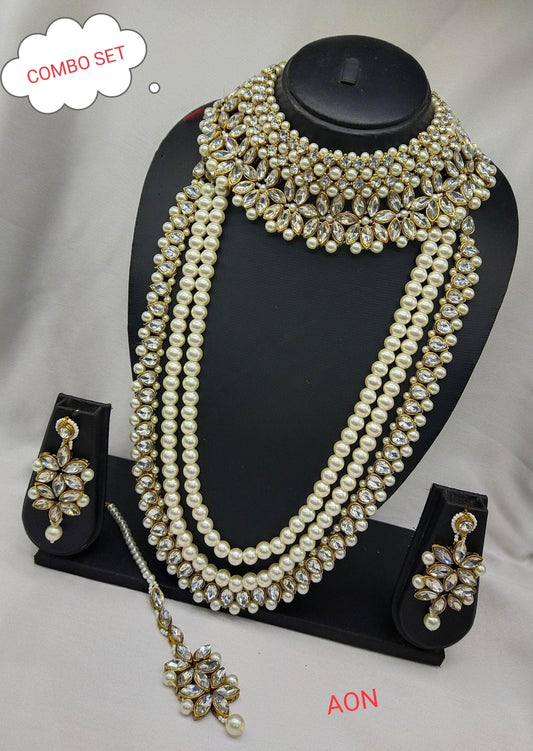 Gold-Toned Kundan & Pearls Studded Multi Layered Jewellery Set - Zevar