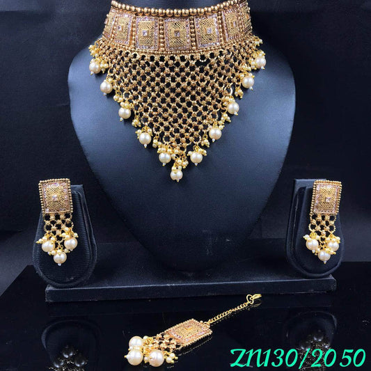 Zevar Necklace Gold-Toned Stone Studded Choker Jewellery Set By Zevar