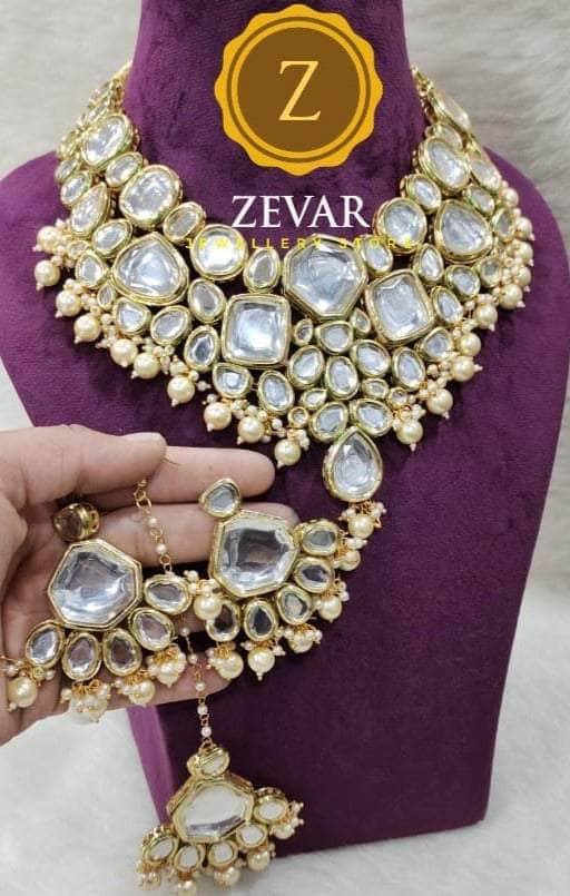 Zevar Necklace golden Kundan Pearl & Beads Choker By Zevar