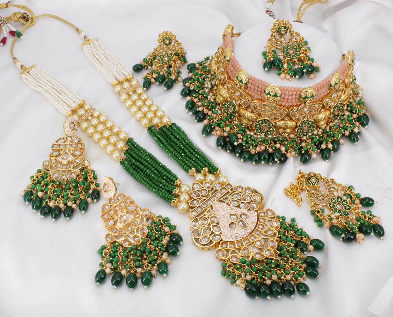 Green Kundan-Inspired Pearl Beaded Necklace with a Pair of Earrings and Mangtika - Zevar