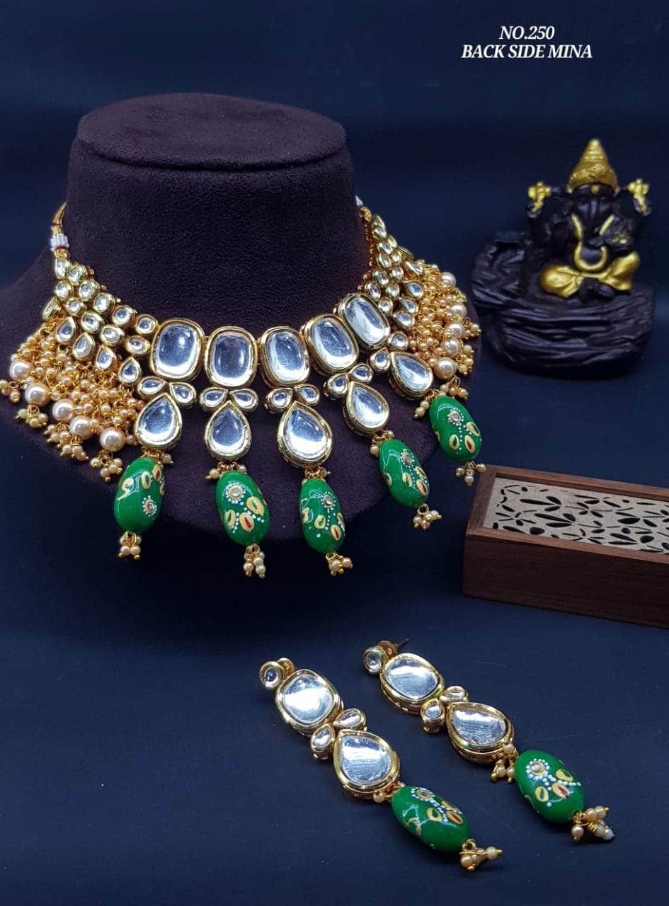 Zevar Necklace Green Kundan Pearls & Beads Choker By Zevar