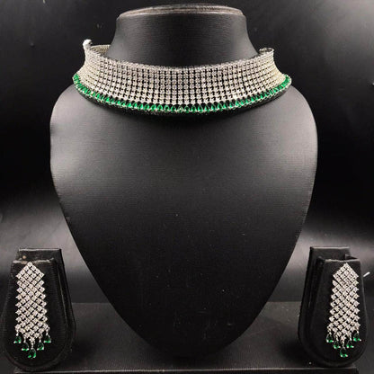 Zevar Necklace Green Partywear New And Unique AD Choker Set By Zevar