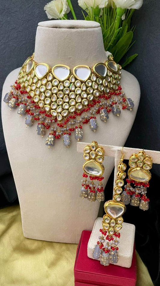 Zevar Necklace Kundan Choker Necklace Set with Earrings, Indian Jewelry Set, Real Kundan Jewellery Set , By Zevar.