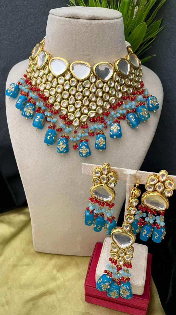 Zevar Necklace Kundan Choker Necklace Set with Earrings, Indian Jewelry Set, Real Kundan Jewellery Set , By Zevar.- Blue.