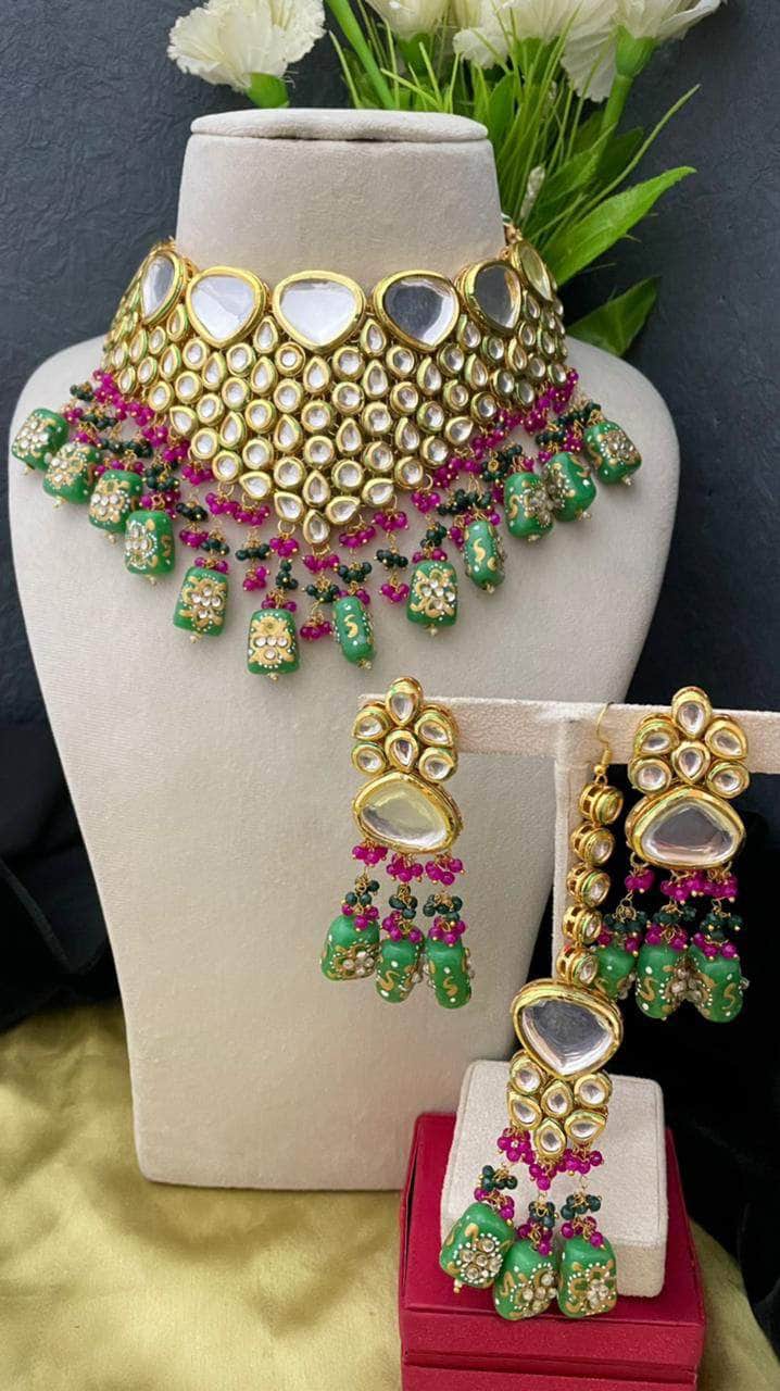 Zevar Necklace Kundan Choker Necklace Set with Earrings, Indian Jewelry Set, Real Kundan Jewellery Set , By Zevar.- Green.