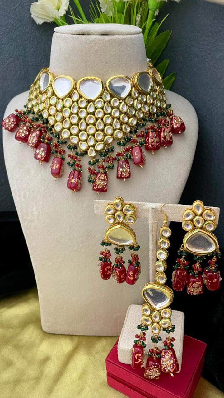 Zevar Necklace Kundan Choker Necklace Set with Earrings, Indian Jewelry Set, Real Kundan Jewellery Set , By Zevar.- Mehroon.