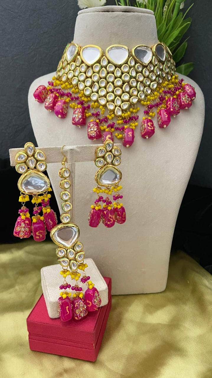 Zevar Necklace Kundan Choker Necklace Set with Earrings, Indian Jewelry Set, Real Kundan Jewellery Set , By Zevar.- Pink.