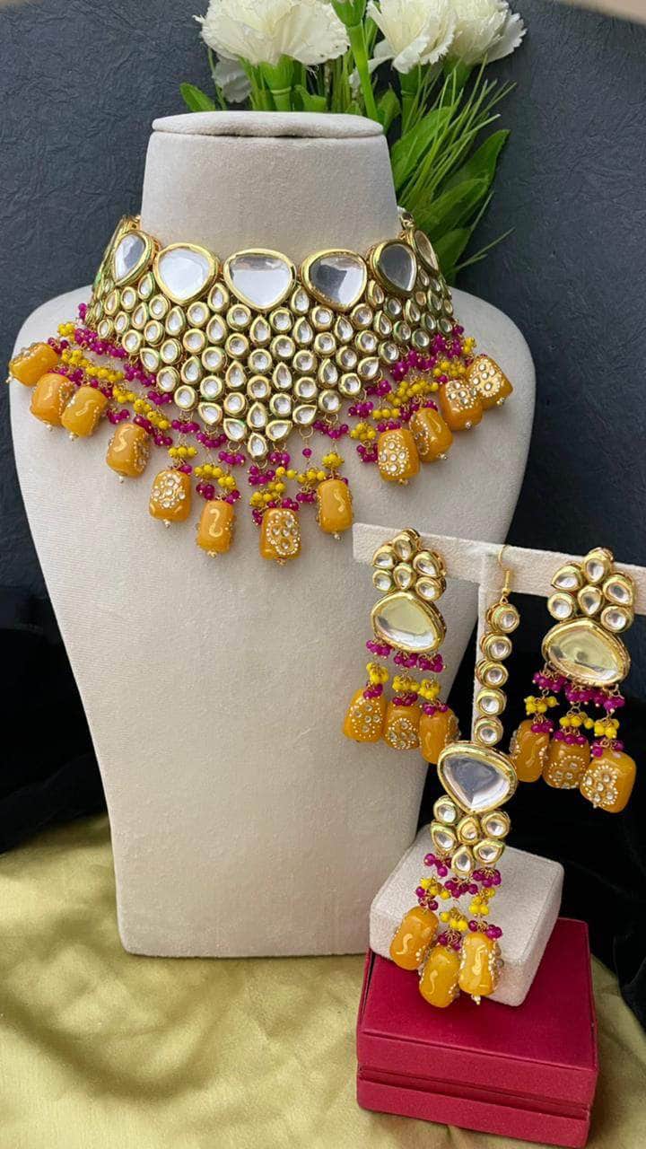Zevar Necklace Kundan Choker Necklace Set with Earrings, Indian Jewelry Set, Real Kundan Jewellery Set , By Zevar.- Yellow.
