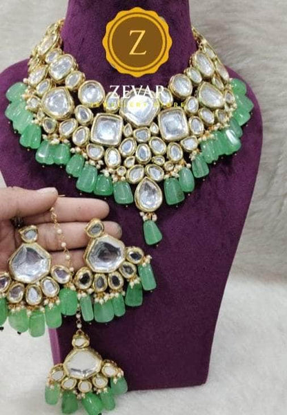 Zevar Necklace light green Kundan Pearl & Beads Choker By Zevar