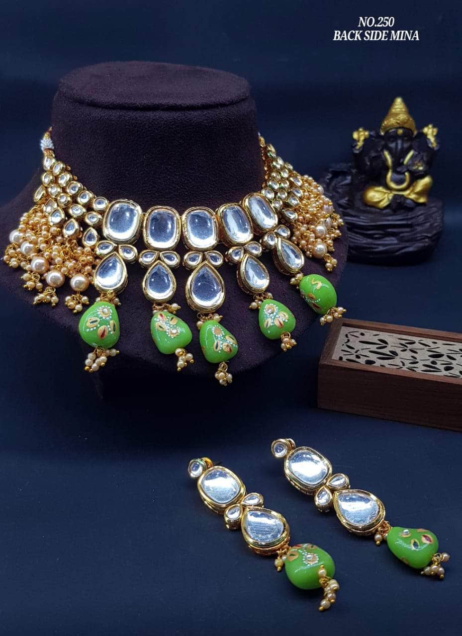 Zevar Necklace Light Green Kundan Pearls & Beads Choker By Zevar