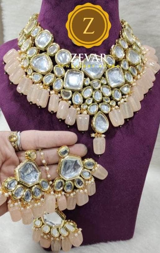 Zevar Necklace light pink Kundan Pearl & Beads Choker By Zevar