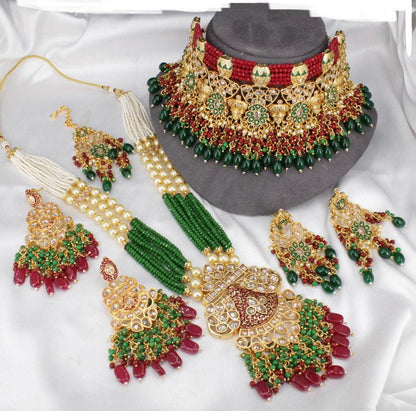 Green Kundan-Inspired Pearl Beaded Necklace with a Pair of Earrings and Mangtika - Zevar