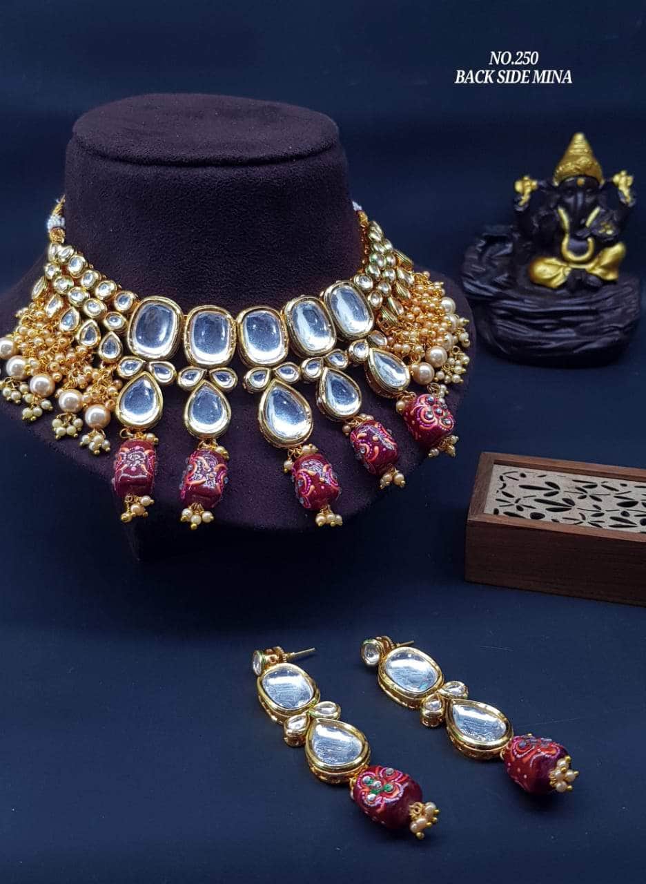 Zevar Necklace Mehroon Kundan Pearls & Beads Choker By Zevar