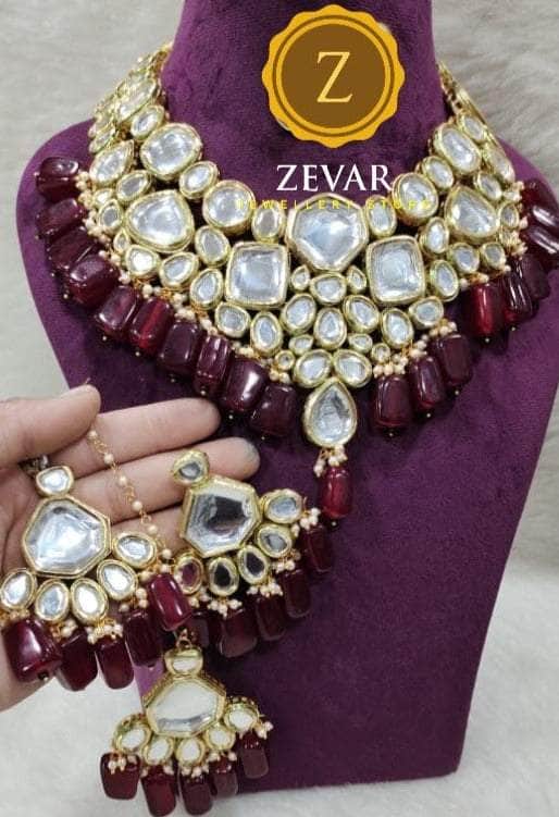 Zevar Necklace meroon Kundan Pearl & Beads Choker By Zevar