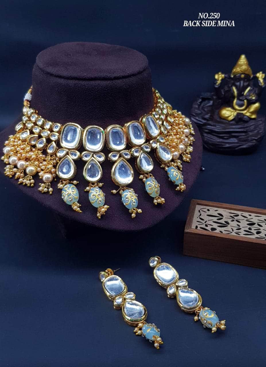 Zevar Necklace Paleblue Kundan Pearls & Beads Choker By Zevar