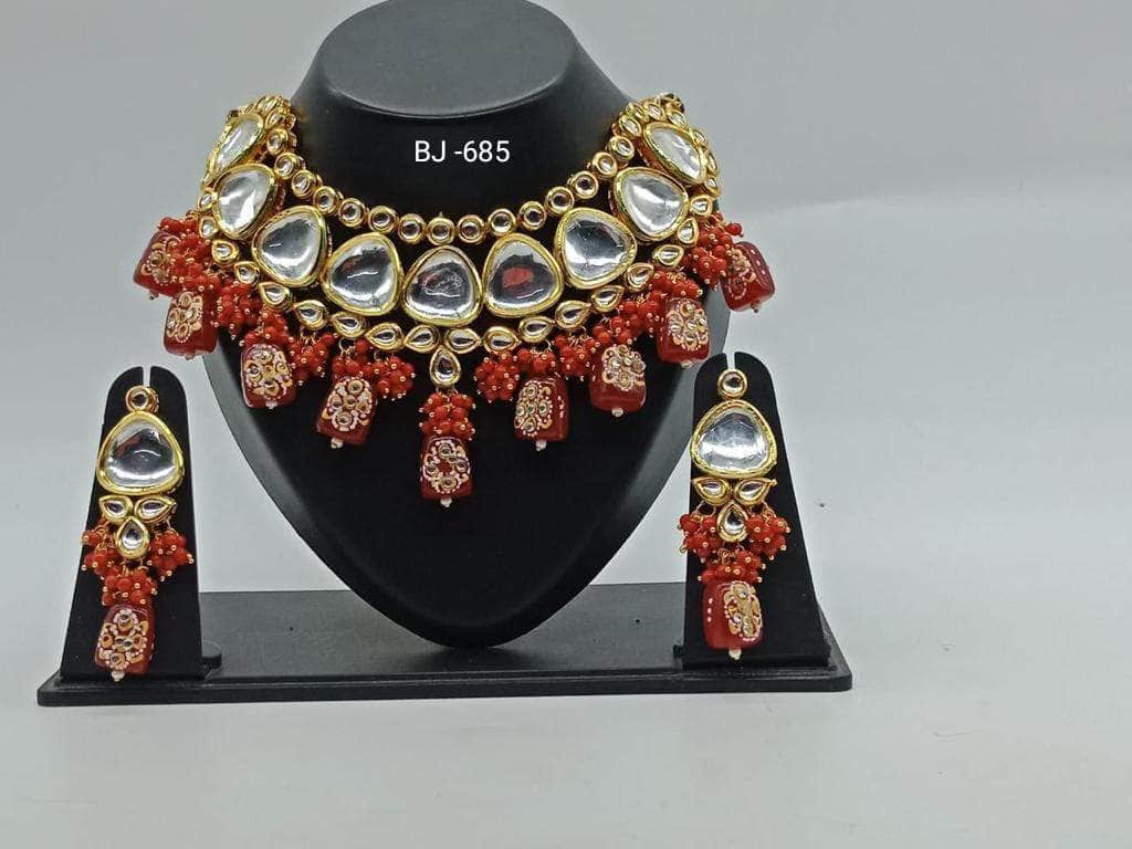 Zevar Necklace Partywear Red Kundan Pearl&Beads Necklace set By Zevar