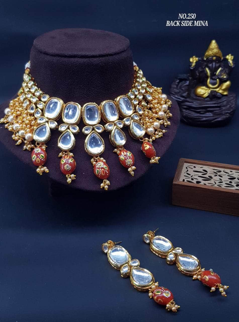 Zevar Necklace Red Kundan Pearls & Beads Choker By Zevar