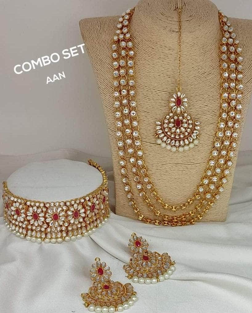 Zevar Necklace Red Pearl & Beads Studded Necklace Set By Zevar