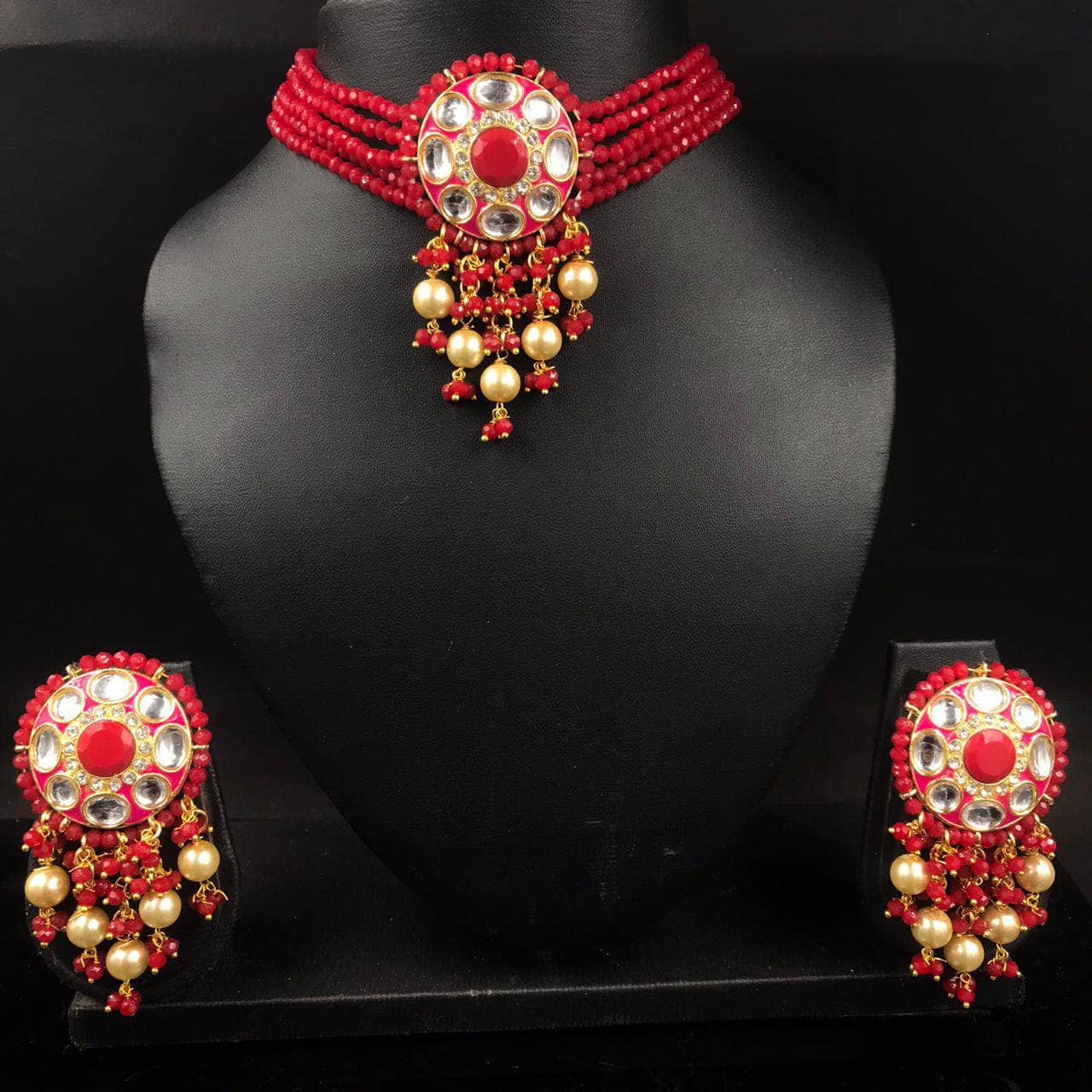 Zevar Necklace Red Pearl Studded Choker Necklace Set By Zevar