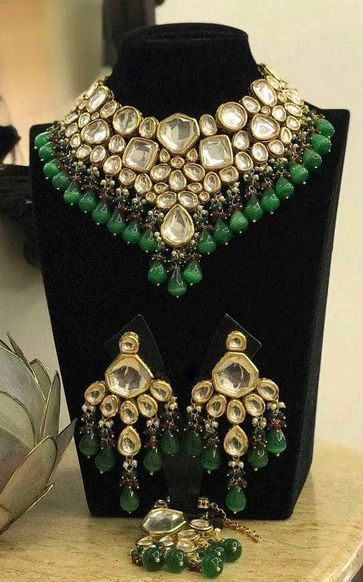 Zevar Necklaces Beautifull Green Kundan Semi Bridal Necklace with Maang-Teeka Necklace Set By Zevar.