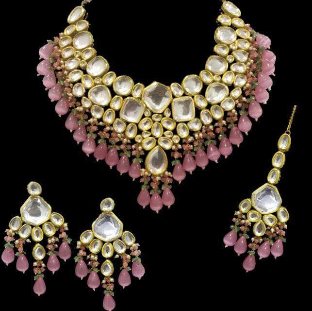 Zevar Necklaces Beautifull Kundan Semi Bridal Necklace with Maang-Teeka Necklace Set By Zevar.