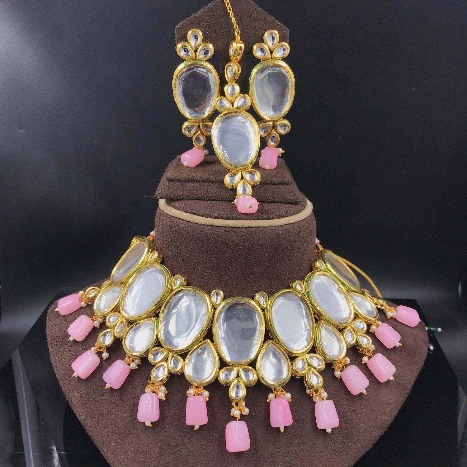 Pink White Gold Tone Kundan Beaded Necklace and Earrings - Zevar