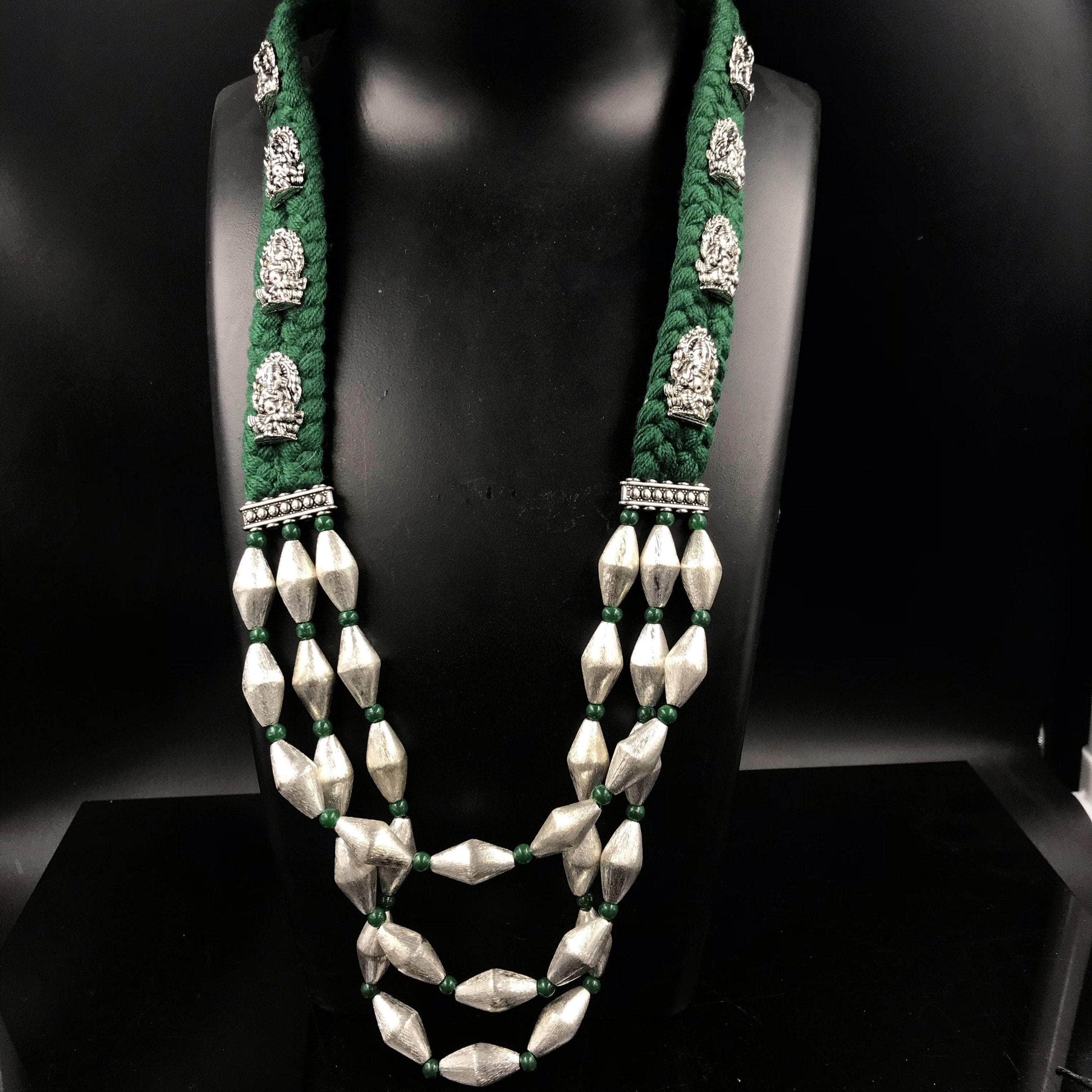 Zevar Temple necklace Beautifull Green+Silver Thread Long Kumkum Temple Necklace Set By Zevar.