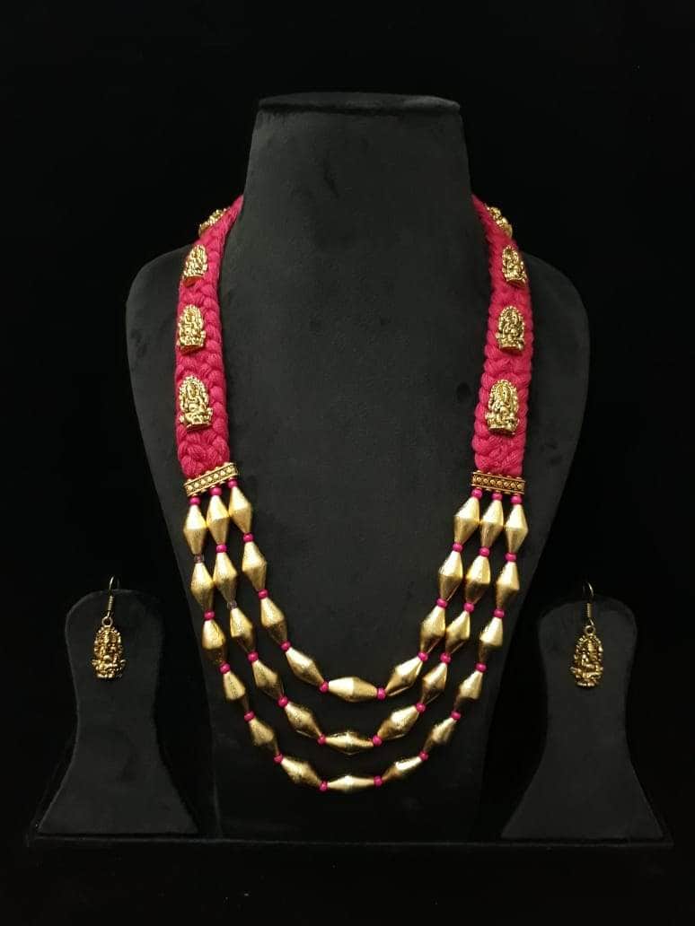 Zevar Temple necklace Beautifull Pink+Gold Thread Long Kumkum Temple Necklace Set By Zevar.