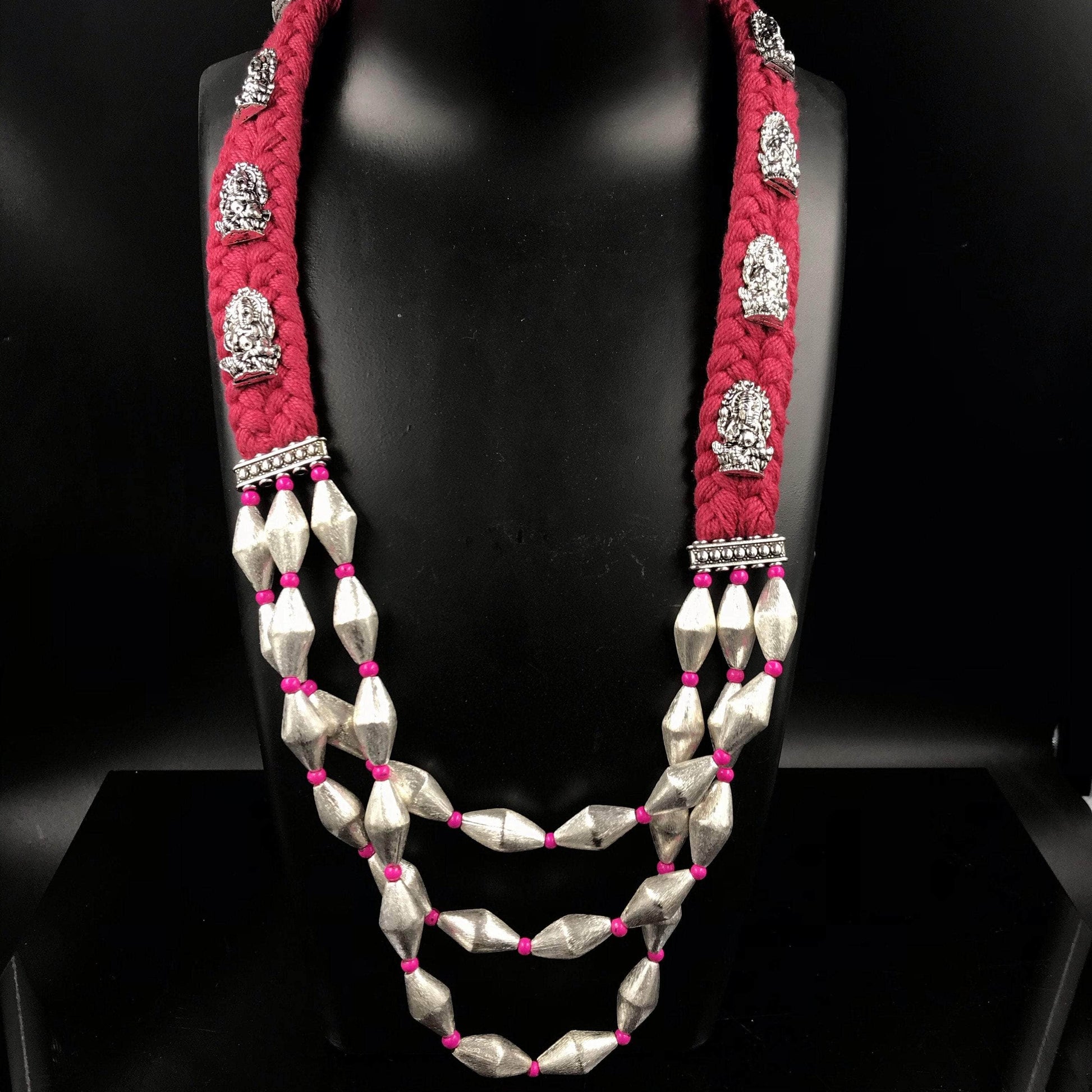 Zevar Temple necklace Beautifull Pink+Silver Thread Long Kumkum Temple Necklace Set By Zevar.