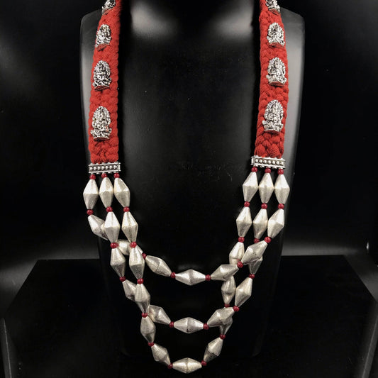 Zevar Temple necklace Red+silver Thread Long Kumkum Red Temple Necklace Set By Zevar