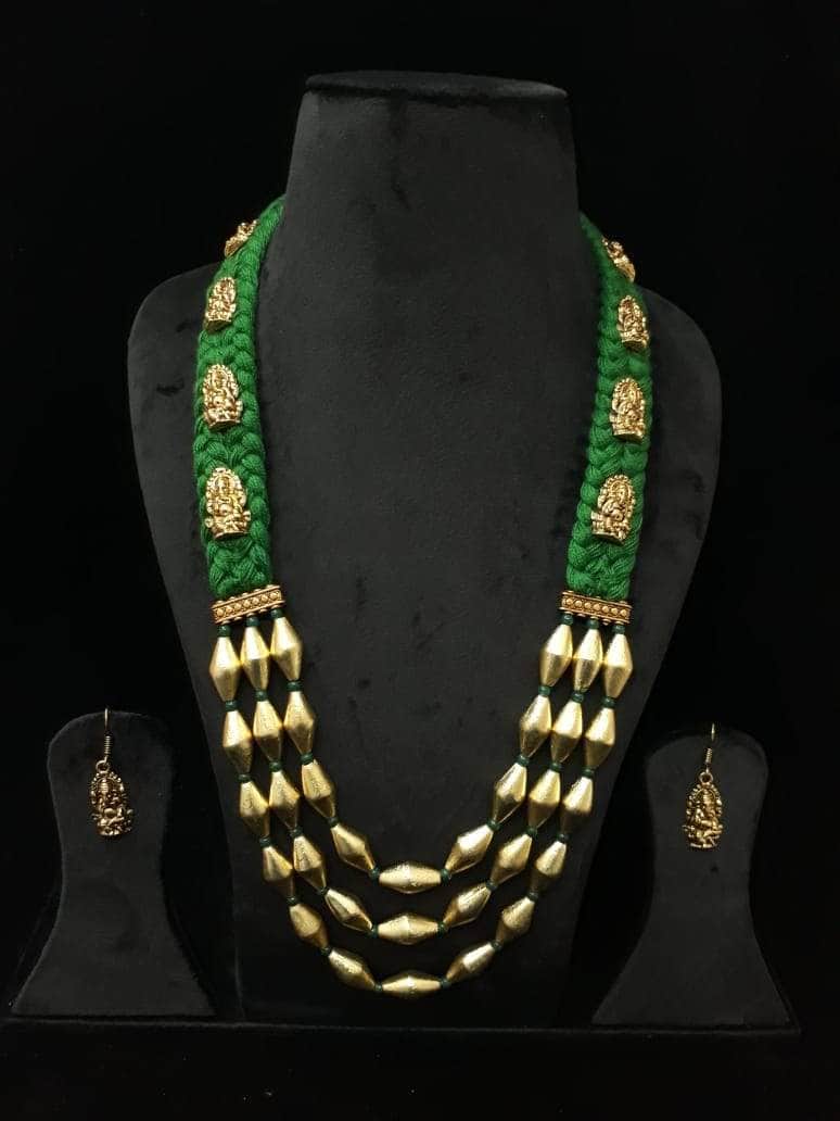 Zevar Temple necklace Thread Long Kumkum Green Temple Necklace Set By Zevar