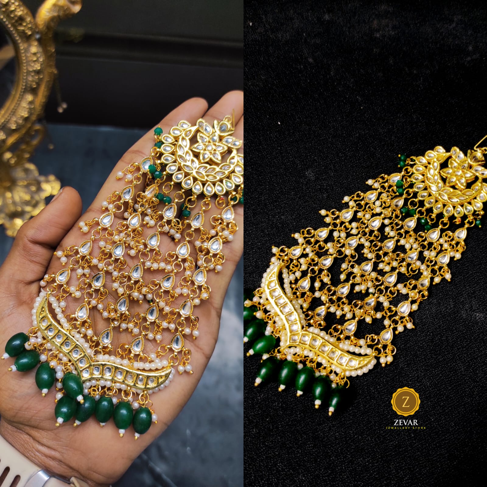 Zevar ZEVAR | Premium Quality green Gold Tone Kundan Passa with Pearls 2