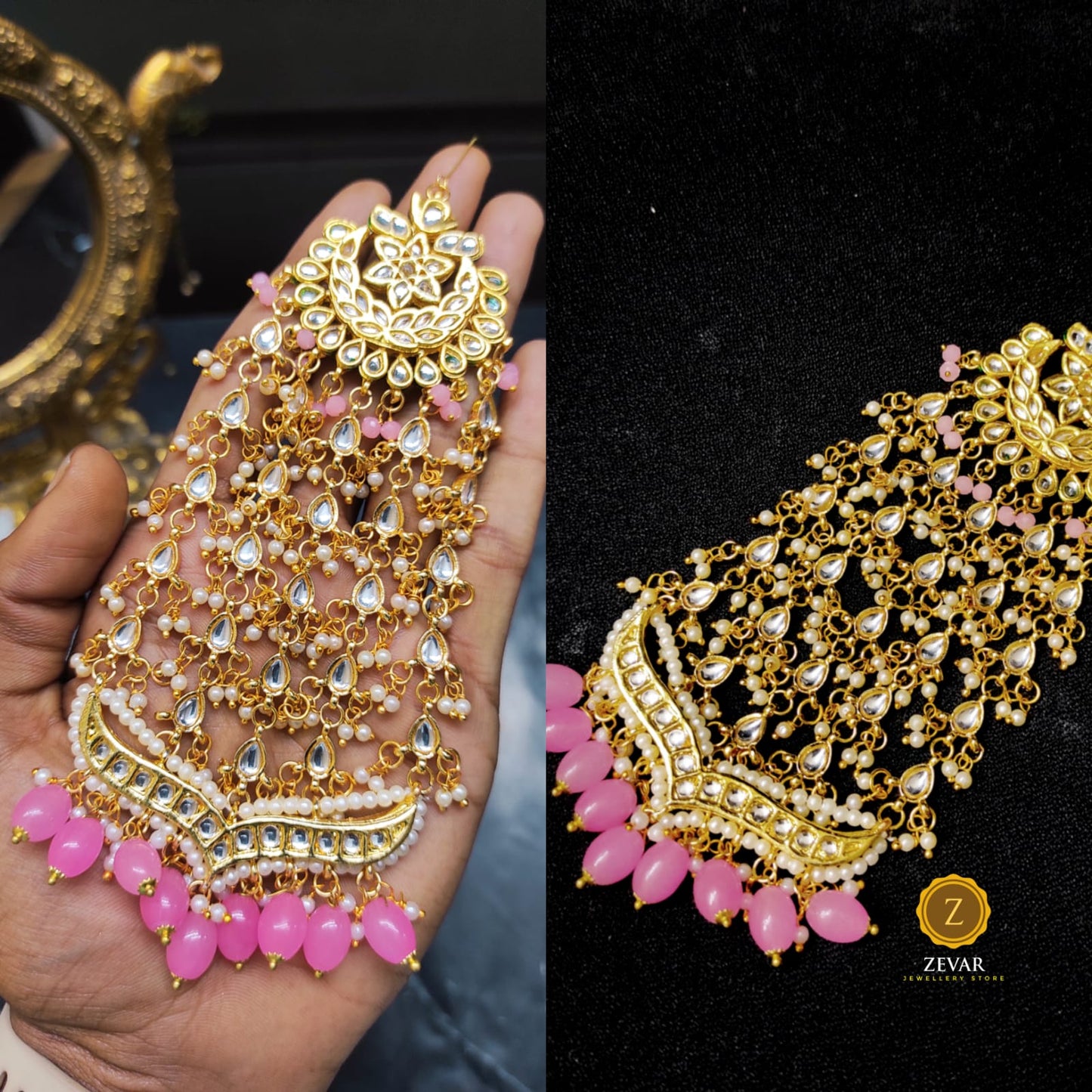 Zevar ZEVAR | Premium Quality pink Gold Tone Kundan Passa with Pearls 4